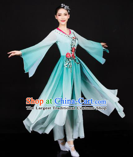 Chinese Traditional Classical Dance Green Dress Umbrella Dance Stage Performance Costume for Women