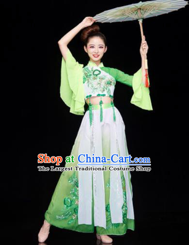 Traditional Chinese Folk Dance Stage Show Clothing Group Umbrella Dance Green Costume for Women