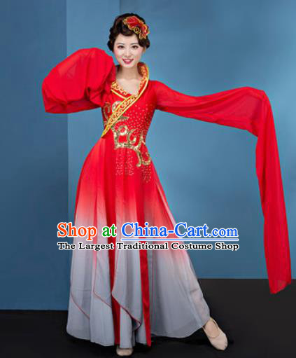 Chinese Traditional Umbrella Dance Red Water Sleeve Dress Classical Lotus Dance Stage Performance Costume for Women