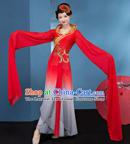 Chinese Traditional Umbrella Dance Red Water Sleeve Dress Classical Lotus Dance Stage Performance Costume for Women