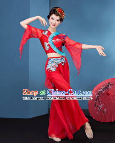 Traditional Chinese Folk Dance Yangko Stage Show Clothing Group Fan Dance Red Veil Costume for Women