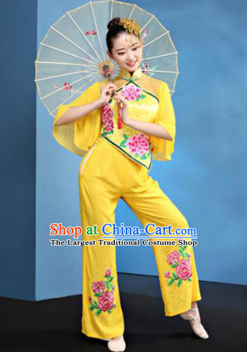Traditional Chinese Folk Dance Yangko Stage Show Clothing Group Fan Dance Yellow Costume for Women