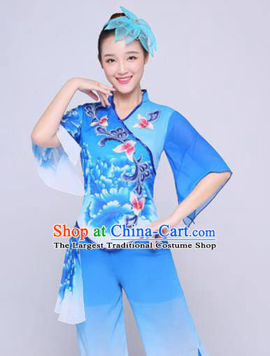 Chinese Traditional Folk Dance Fan Dance Printing Peony Blue Clothing Group Yangko Dance Costume for Women