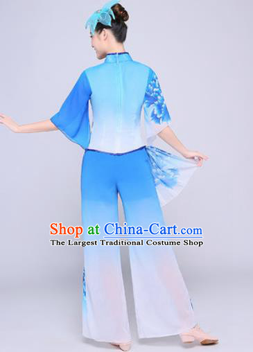 Chinese Traditional Folk Dance Fan Dance Printing Peony Blue Clothing Group Yangko Dance Costume for Women