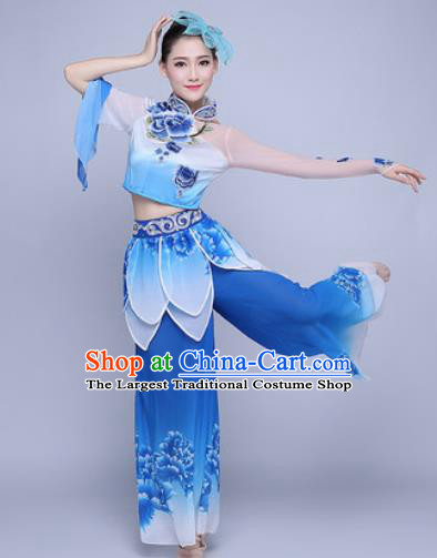 Traditional Chinese Folk Dance Group Dance Blue Clothing Yangko Lotus Dance Costume for Women