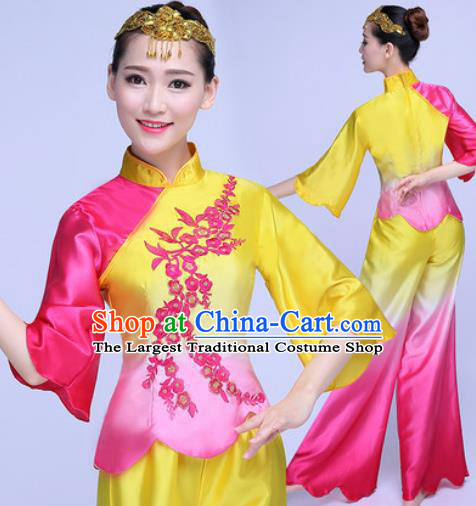 Traditional Chinese Folk Dance Rosy Silk Clothing Yangko Dance Costume for Women