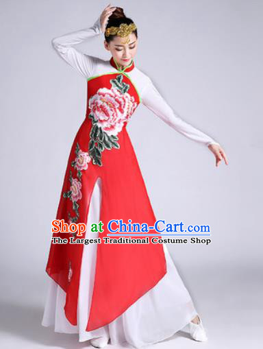 Chinese Traditional Classical Dance Printing Peony Red Dress Umbrella Dance Stage Performance Costume for Women
