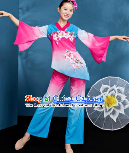 Traditional Chinese Folk Dance Blue Clothing Yangko Dance Fan Dance Costume for Women