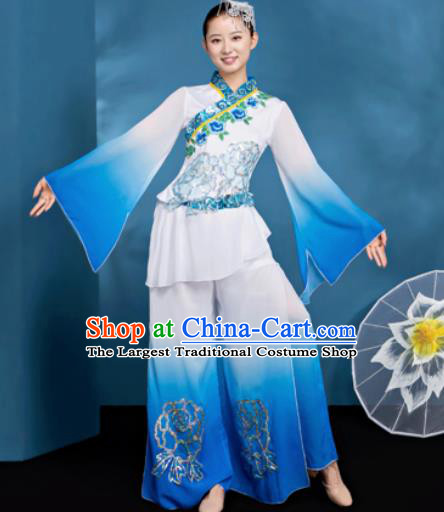 Traditional Chinese Folk Dance Umbrella Dance Blue Clothing Yangko Dance Costume for Women
