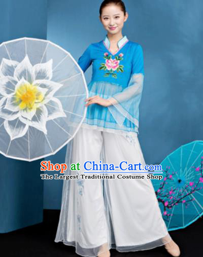 Traditional Chinese Folk Dance Blue Veil Clothing Yangko Dance Fan Dance Costume for Women