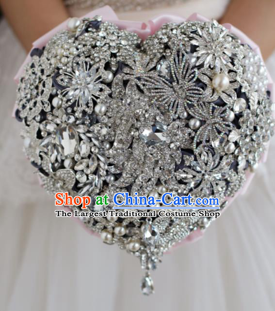 Top Grade Wedding Bridal Bouquet Hand Emulational Crystal Heart Shape Tied Bouquet Flowers for Women