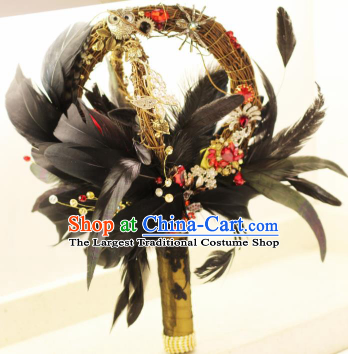 Top Grade Wedding Bridal Bouquet Hand Black Feather Ball Tied Bouquet Flowers for Women