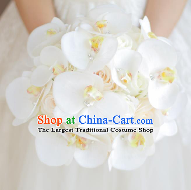 Top Grade Wedding Bridal Bouquet Hand White Phalaenopsis Ball Tied Bouquet Flowers for Women