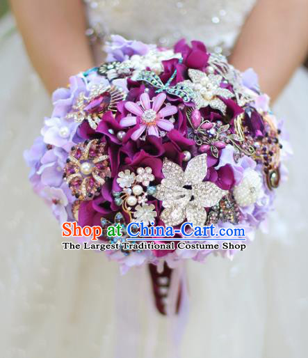 Top Grade Wedding Bridal Bouquet Hand Emulational Purple Ball Tied Bouquet Flowers for Women