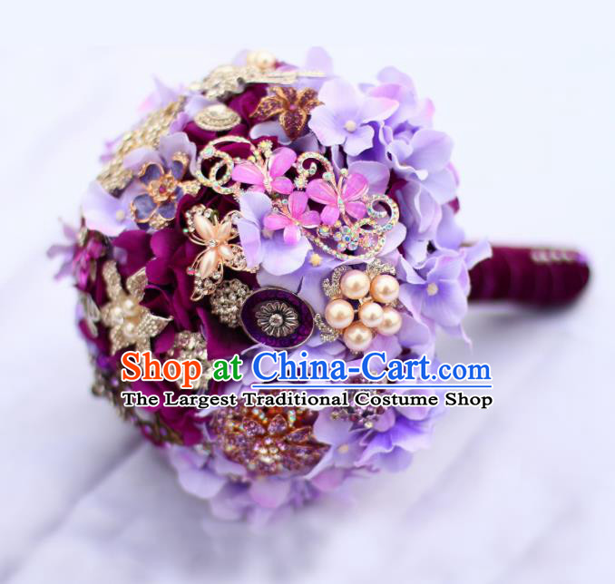 Top Grade Wedding Bridal Bouquet Hand Emulational Purple Flowers Crystal Ball Tied Bouquet Flowers for Women