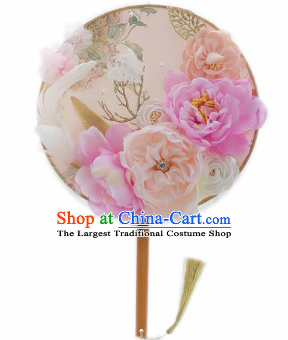 Chinese Traditional Wedding Round Fans Classical Bride Pink Peony Palace Fan for Women