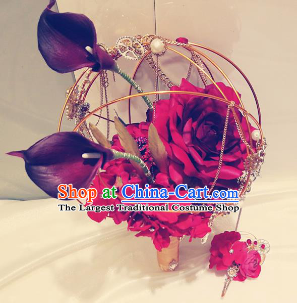 Top Grade Wedding Bridal Bouquet Hand Red Peony Flowers Bunch for Women