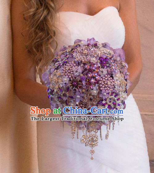 Top Grade Wedding Bridal Bouquet Hand Purple Flowers Beads Bunch for Women
