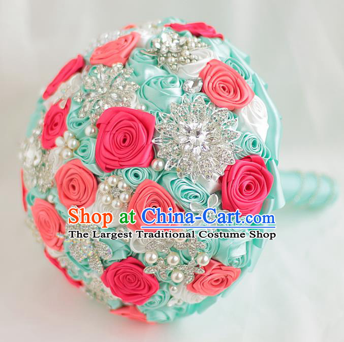 Top Grade Wedding Bridal Bouquet Hand Crystal Rose Flowers Bunch for Women