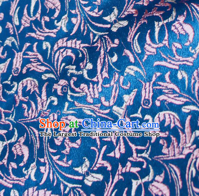 Asian Chinese Royal Feather Flowers Pattern Blue Brocade Fabric Traditional Silk Fabric Tang Suit Material