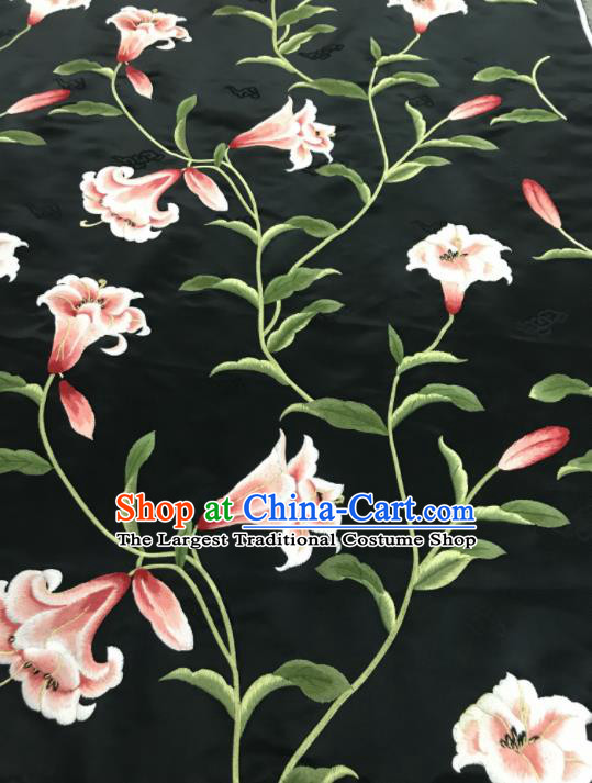Asian Chinese Embroidered Greenish Lily Flower Pattern Black Brocade Fabric Traditional Cheongsam Silk Fabric Material