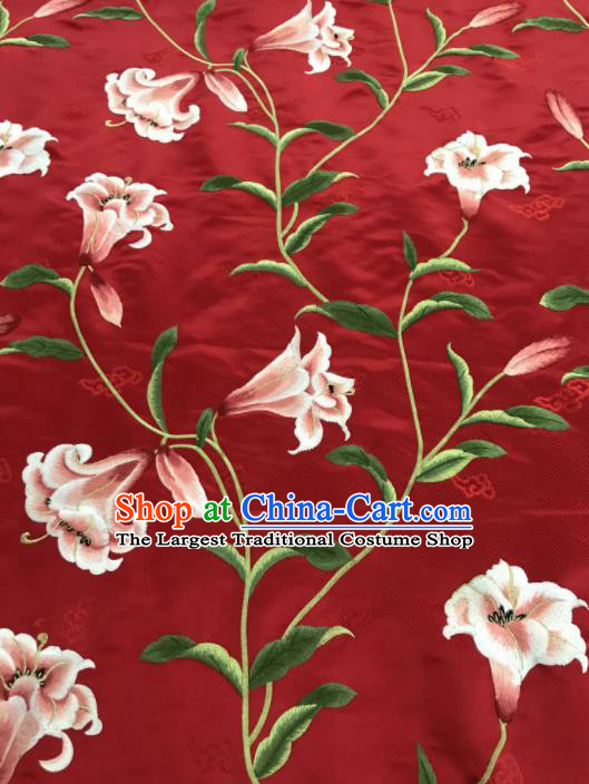 Asian Chinese Embroidered Greenish Lily Flower Pattern Red Brocade Fabric Traditional Cheongsam Silk Fabric Material