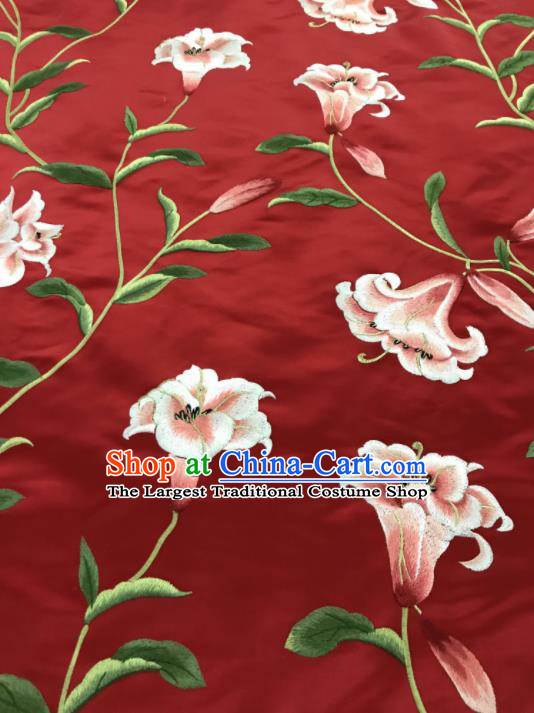 Asian Chinese Embroidered Lily Flowers Pattern Red Silk Fabric Material Traditional Cheongsam Brocade Fabric