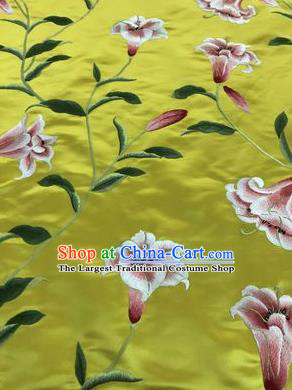 Asian Chinese Embroidered Lily Flowers Pattern Yellow Silk Fabric Material Traditional Cheongsam Brocade Fabric
