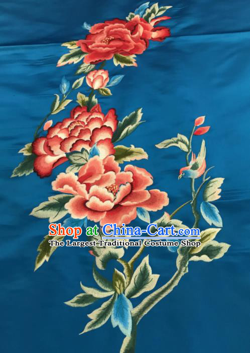 Asian Chinese Embroidered Peony Pattern Blue Silk Fabric Material Traditional Cheongsam Brocade Fabric