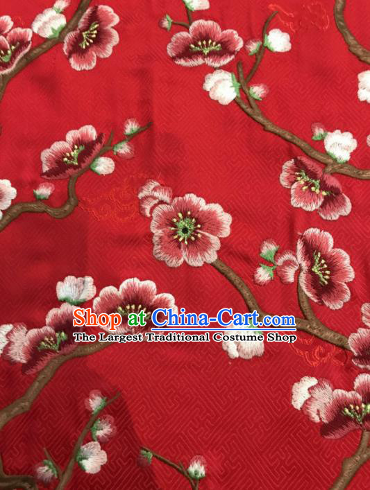 Asian Chinese Suzhou Embroidered Wintersweet Pattern Red Silk Fabric Material Traditional Cheongsam Brocade Fabric