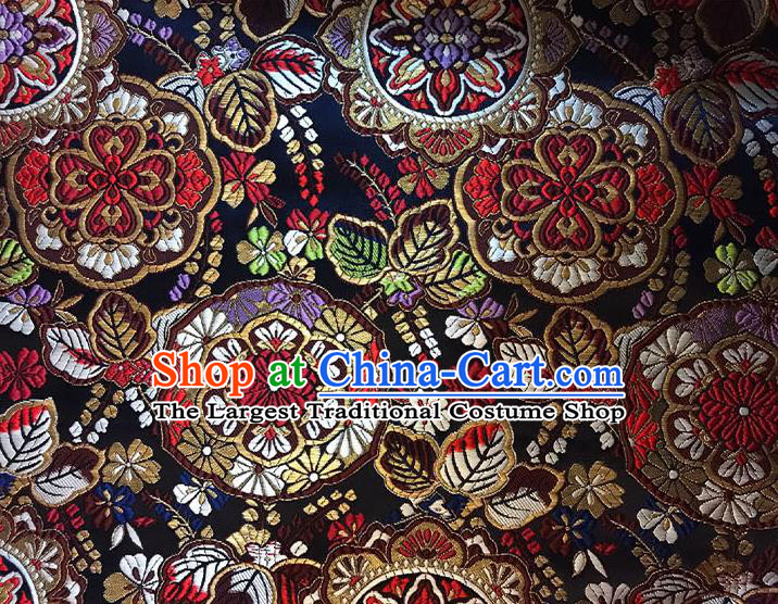 Asian Chinese Royal Flowers Pattern Black Brocade Fabric Traditional Silk Fabric Kimono Material