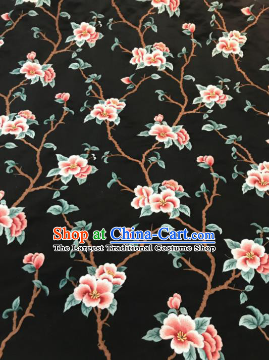 Asian Chinese Suzhou Embroidered Twine Peach Blossom Pattern Black Silk Fabric Material Traditional Cheongsam Brocade Fabric