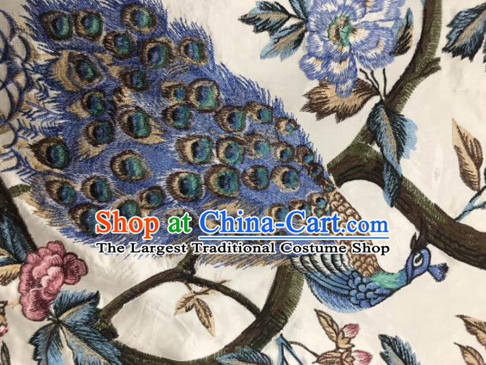 Asian Chinese Suzhou Embroidered Peacock Pattern White Silk Fabric Material Traditional Cheongsam Brocade Fabric