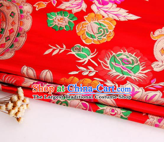 Asian Chinese Traditional Peony Flowers Pattern Red Satin Nanjing Brocade Fabric Tang Suit Silk Material