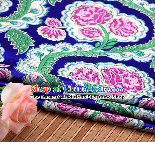 Asian Chinese Traditional Royalblue Satin Peony Pattern Nanjing Brocade Fabric Tang Suit Silk Material