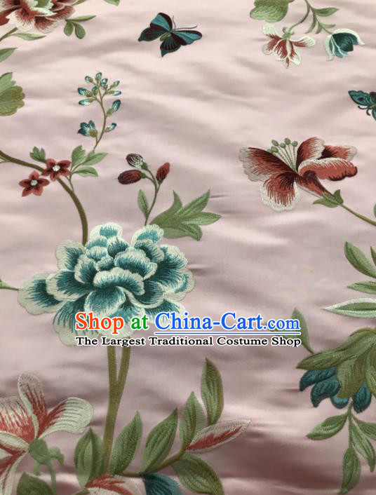 Asian Chinese Suzhou Embroidered Flowers Birds Pattern Pink Silk Fabric Material Traditional Cheongsam Brocade Fabric