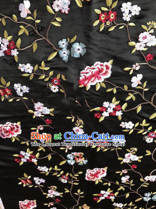 Asian Chinese Suzhou Embroidered Flowers Pattern Black Silk Fabric Material Traditional Cheongsam Brocade Fabric