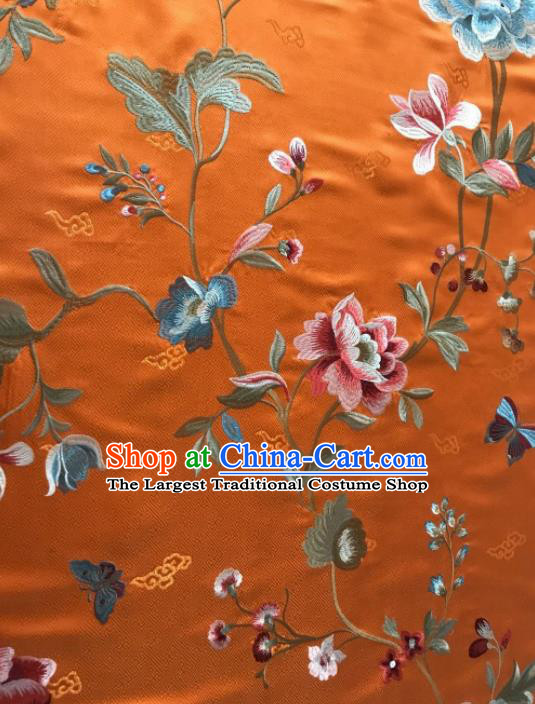 Asian Chinese Suzhou Embroidered Twine Peony Pattern Orange Silk Fabric Material Traditional Cheongsam Brocade Fabric