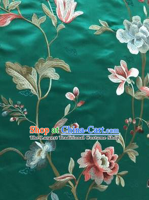 Asian Chinese Suzhou Embroidered Twine Peony Pattern Green Silk Fabric Material Traditional Cheongsam Brocade Fabric