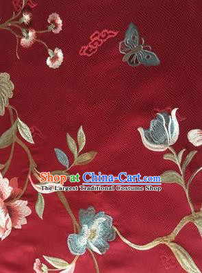 Asian Chinese Suzhou Embroidered Twine Peony Pattern Wine Red Silk Fabric Material Traditional Cheongsam Brocade Fabric