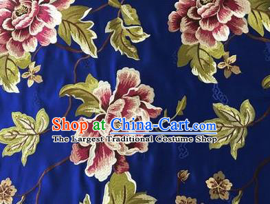 Asian Chinese Traditional Cheongsam Royal Blue Brocade Fabric Suzhou Embroidered Peony Pattern Silk Fabric Material