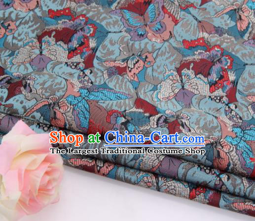 Asian Chinese Traditional Royal Butterfly Pattern Blue Brocade Fabric Tang Suit Silk Fabric Material