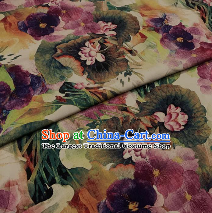 Asian Chinese Printing Colorful Lotus Watered Gauze Brocade Traditional Cheongsam Satin Fabric Tang Suit Silk Material