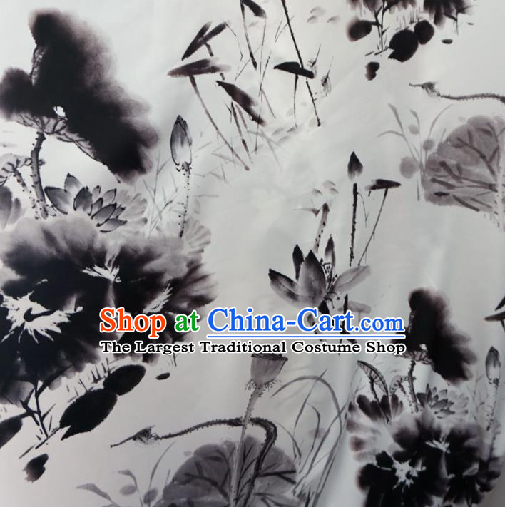 Asian Chinese Ink Painting Lotus White Brocade Traditional Cheongsam Satin Fabric Tang Suit Silk Material