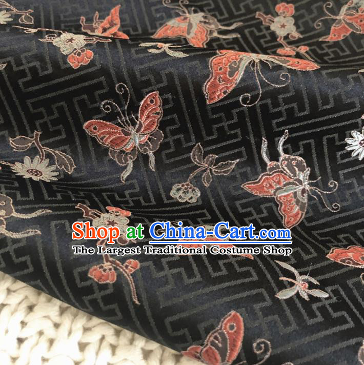 Asian Chinese Classical Butterfly Design Pattern Black Brocade Traditional Cheongsam Satin Fabric Tang Suit Silk Material