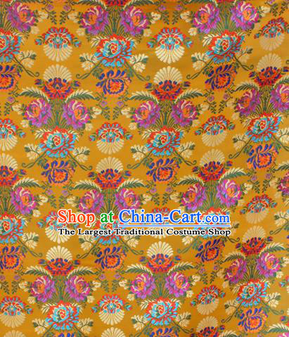 Asian Chinese Classical Flowers Pattern Yellow Nanjing Brocade Traditional Tibetan Robe Satin Fabric Silk Material