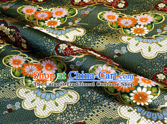 Asian Traditional Classical Daisy Pattern Deep Green Tapestry Satin Nishijin Brocade Fabric Japanese Kimono Silk Material