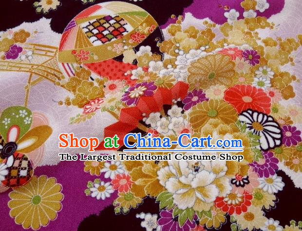 Asian Traditional Classical Peony Daisy Pattern Purple Tapestry Satin Nishijin Brocade Fabric Japanese Kimono Silk Material