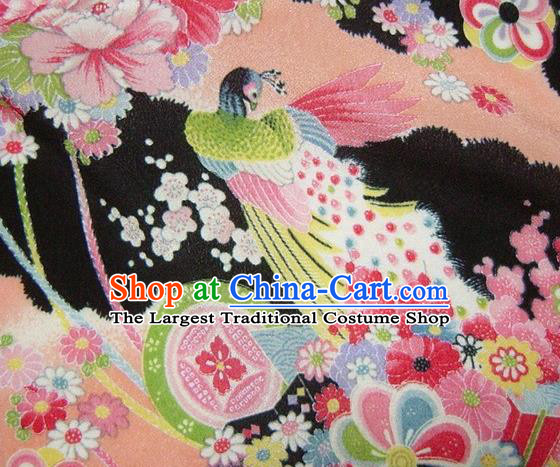 Asian Traditional Classical Peacock Pattern Black Tapestry Satin Brocade Fabric Japanese Kimono Silk Material