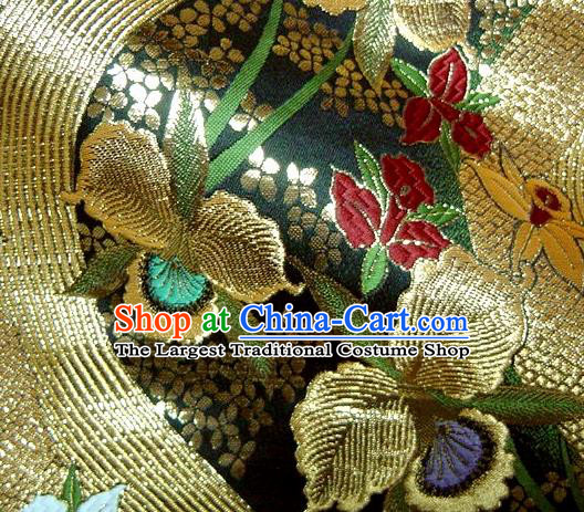 Asian Traditional Damask Classical Flowers Pattern Black Brocade Fabric Japanese Kimono Tapestry Satin Silk Material